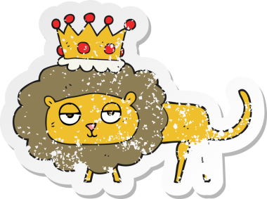 Bir insan tarafından çizilmiş taçlı karikatür aslanının gerilmiş yapıştırması.