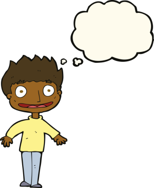 Bir insan tarafından çizilmiş düşünce baloncuğu olan heyecanlı çocuk.