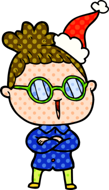 Bir insanın çizdiği Noel Baba şapkası takan bir kadının el çizimi çizgi roman tasviri.