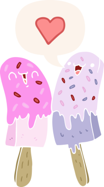 Karikatür buz lolipopu bir insan tarafından çizilmiş retro tarzı konuşma baloncuğuna aşık