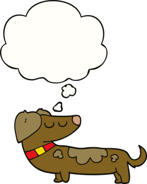 Bir insan tarafından çizilmiş düşünce baloncuklu çizgi film köpeği.