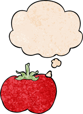 Düşünce baloncuklu çizgi film domatesi. Bir insan tarafından çizilmiş grunge desen tarzı.