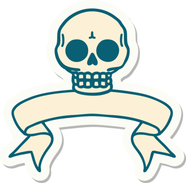 Bir insan tarafından çizilmiş kafatasının pankartıyla dövme stili etiketi