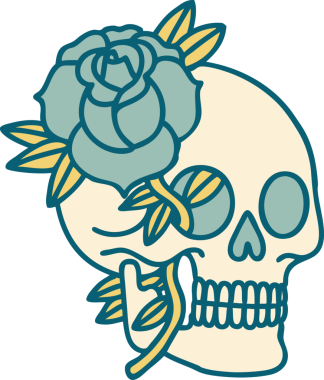 Bir insan tarafından çizilmiş bir kafatası ve gülün ikonik dövme şekli