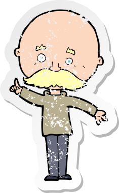 Bir insan tarafından çizilmiş bir fikri olan kel bir adamın gerilemiş retro yapıştırması.