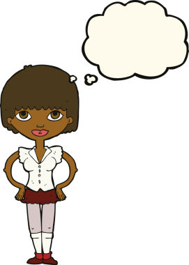 Bir insan tarafından çizilmiş düşünce baloncuğu olan elleri kalçasında çizgi film kadını.