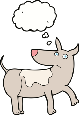 Bir insan tarafından çizilmiş düşünce balonlu komik çizgi film köpeği.