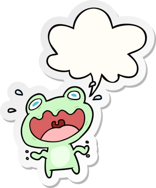 Bir insan tarafından çizilmiş konuşma kabarcığı çıkartmasından korkan sevimli çizgi film kurbağası.