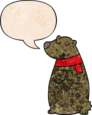 Bir insan tarafından çizilmiş eski moda konuşma baloncuklu eşarp takan çizgi film ayısı.