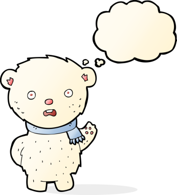 Bir insan tarafından çizilmiş düşünce baloncuklu eşarp giyen kutup ayısı çizgi filmi.