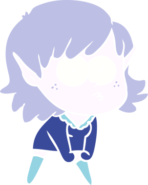 Düz renkli çizgi film karakteri Elf kızı bir insan tarafından çizildi ve çömeldi.