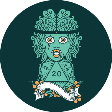 Bir insan tarafından çizilmiş 20 zarlı yarı ork barbar simgesi.