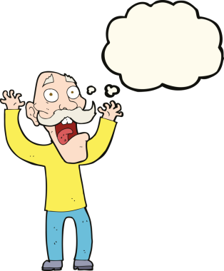 Karikatür ihtiyarı bir insan tarafından çizilen düşünce baloncuğundan korkar.