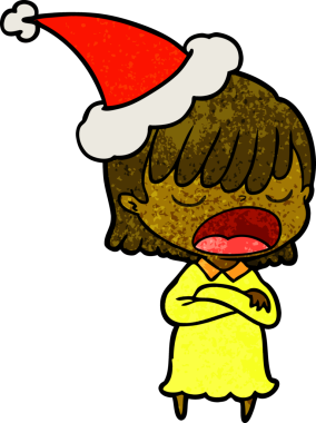 Bir insanın çizdiği Noel Baba şapkasıyla konuşan bir kadının el çizimi karikatürü.