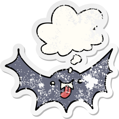 Düşünce baloncuğu olan karikatür vampir yarasası bir insan tarafından çizilmiş yıpranmış bir çıkartma.