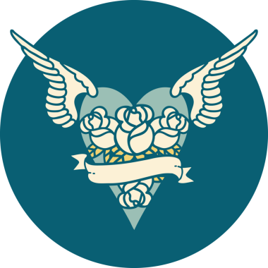 Bir insan tarafından çizilmiş çiçek ve bayrak ile uçan bir kalbin ikonik dövme görüntüsü