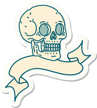 Bir insan tarafından çizilmiş kafatasının pankartıyla dövme stili etiketi