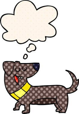 Çizgi roman tarzında bir insan tarafından çizilmiş düşünce balonu olan çizgi film köpeği.