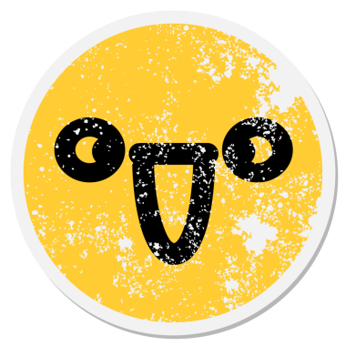 Bir insan tarafından çizilmiş sevimli, mutlu şaşı yüz dairesel çıkartması.