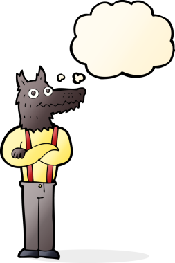 Bir insan tarafından çizilmiş düşünce balonu olan komik bir kurt adam.