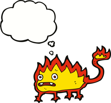 Bir insan tarafından çizilmiş düşünce baloncuğu olan küçük ateş şeytanı.