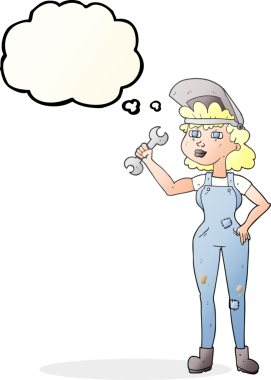 Bir insan tarafından çizilmiş İngiliz anahtarıyla serbest çizilmiş düşünce balonu çizgi film kadını.