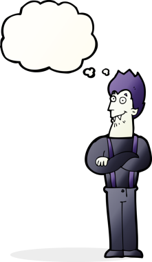 Bir insan tarafından çizilmiş düşünce balonlu mutlu vampir çizgi filmi.