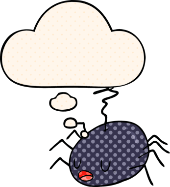 Çizgi roman tarzında düşünce baloncuğu olan çizgi film örümceği insan tarafından çizilmiş.