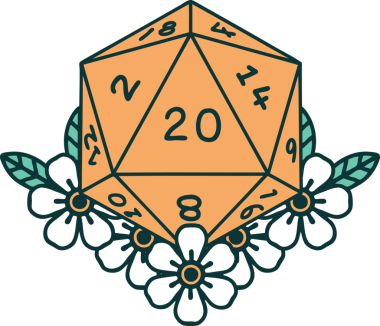 Retro Dövme Biçimi Doğal 20 D20 zar bir insan tarafından çizilmiş çiçek elementleriyle