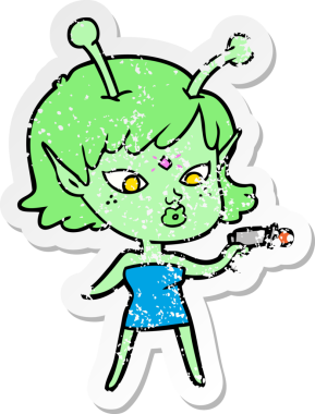 Bir insan tarafından çizilmiş güzel uzaylı bir kızın sıkıntılı çıkartması.