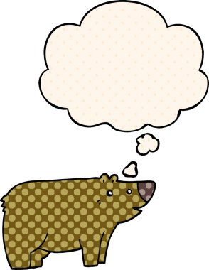 Çizgi roman tarzında bir insan tarafından çizilmiş düşünce kabarcığı olan çizgi film ayısı.