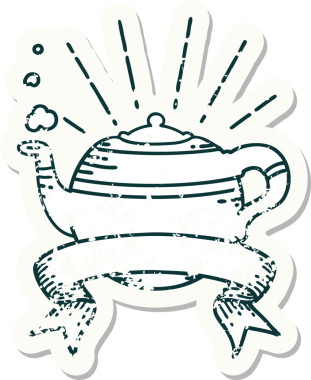 Bir insan tarafından çizilmiş eski dövme stili buharlı çaydanlık etiketi.