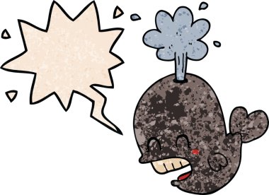 Bir insan tarafından çizilmiş, konuşma baloncuklu çizgi film balinası.