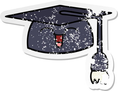 Bir insan tarafından çizilmiş şirin bir çizgi film mezuniyet şapkasının sıkıntılı çıkartması.
