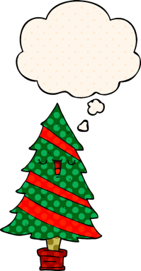 Çizgi roman tarzında bir insan tarafından çizilmiş düşünce baloncuğu olan bir noel ağacı.