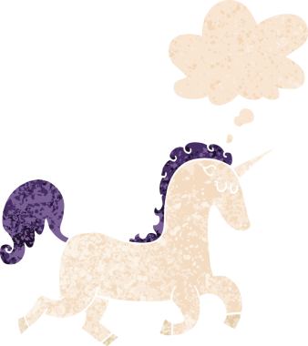 Düşünce baloncuklu çizgi film tek boynuzlu at grunge sıkıntılı retro dokuma tarzı bir insan tarafından çizilmiş