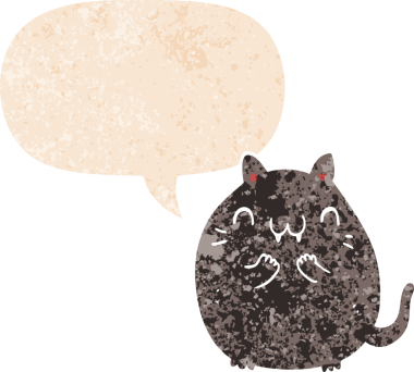 Mutlu çizgi film kedisi grunge 'da konuşma baloncuğu ile sıkıntılı retro dokuma tarzı bir insan tarafından çizilmiş