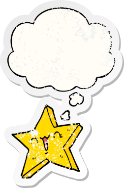 Düşünce baloncuğu olan sevimli bir çizgi film yıldızı bir insan tarafından çizilmiş yıpranmış bir çıkartma gibi.