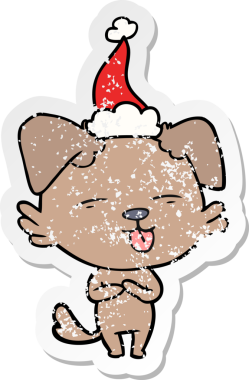 Bir insan tarafından çizilmiş Noel Baba şapkası takan, dili dışarı fırlamış bir köpeğin el çizimi karikatürü.