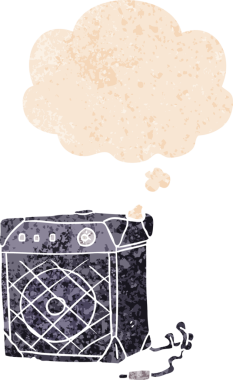 Düşünce baloncuklu çizgi film gitar amfisi bir insan tarafından çizilmiş dertli retro dokuma tarzı