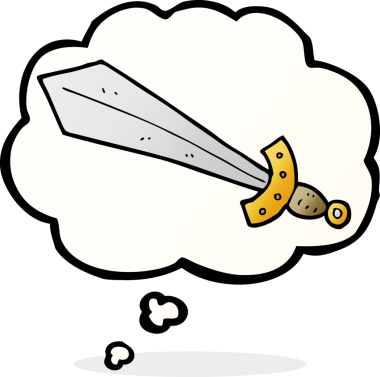 Bir insan tarafından çizilmiş düşünce baloncuklu çizgi film kılıcı.