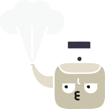 Bir insan tarafından çizilen dumanı tüten bir çaydanlığın düz renkli retro karikatürü