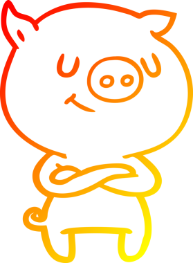 İnsan eli çapraz kollu mutlu bir domuzun sıcak çizgi çizimi.