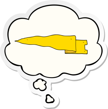 Düşünce baloncuklu pankartı bir insan tarafından çizilmiş bir çıkartma gibi sallayan çizgi film.