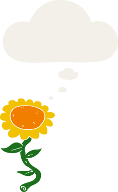 Düşünce baloncuğu olan çizgi film ayçiçeği insan tarafından çizilmiş.