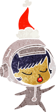 Bir insan tarafından çizilmiş Noel Baba şapkası giyen güzel bir astronot kızın el çizimi karikatürü.