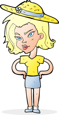 Bir insan tarafından çizilmiş yaz şapkalı karikatür kadın.