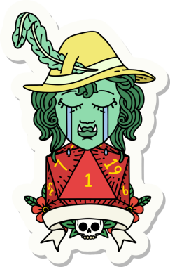 Ağlayan bir ork ozan karakterinin çıkartması. Bir insan tarafından çizilmiş doğal bir D20 rulosu.