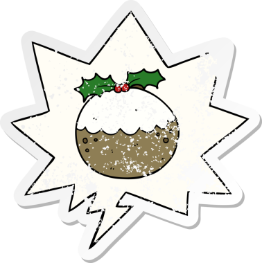 Konuşma balonlu karikatür pudingi bir insan tarafından çizilmiş sıkıntılı eski bir çıkartma