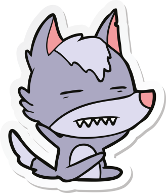 Bir insan tarafından çizilmiş dişleri gösteren bir kurt çizgi film etiketi.